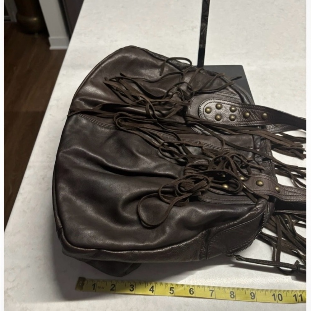 Fringe Accent Dark Brown Leather Tote Bag - Picture 6 of 9